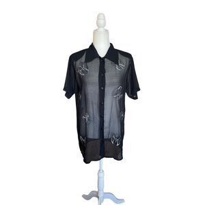 90s Liza B Paris black sheer button-down shirt with embroidered butterfly design